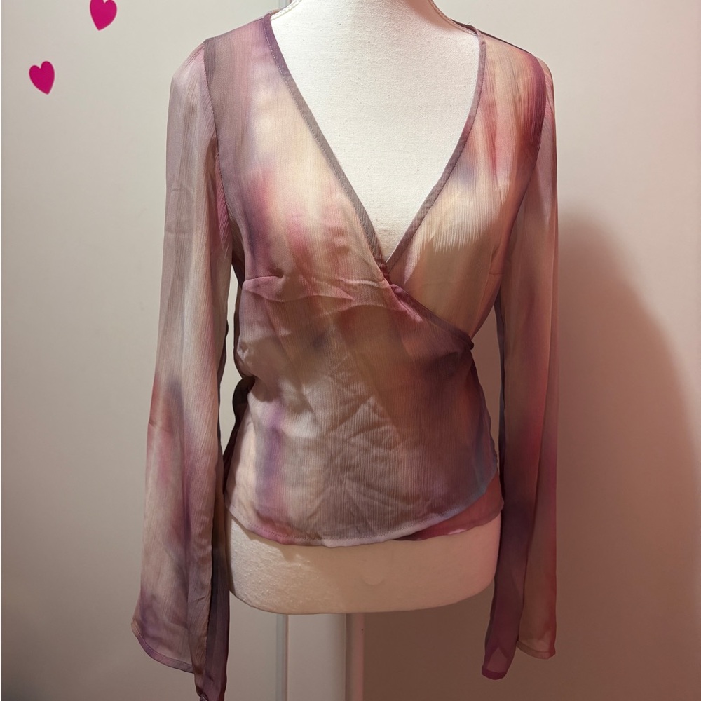 H&M Sheer Crepe Purple Y2K Butterfly Sleeve Wrap Top